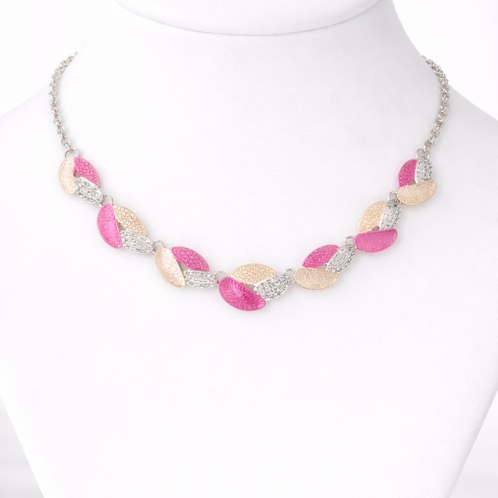 Pink & Cream Leaf Link Necklace Silver Tone Statement